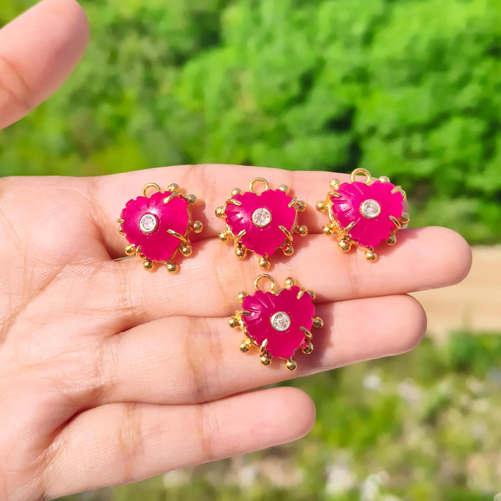 Ruby Jade Heart with CZ Pendant: Carved Gemstone Gold Plated Necklace Charm One Piece