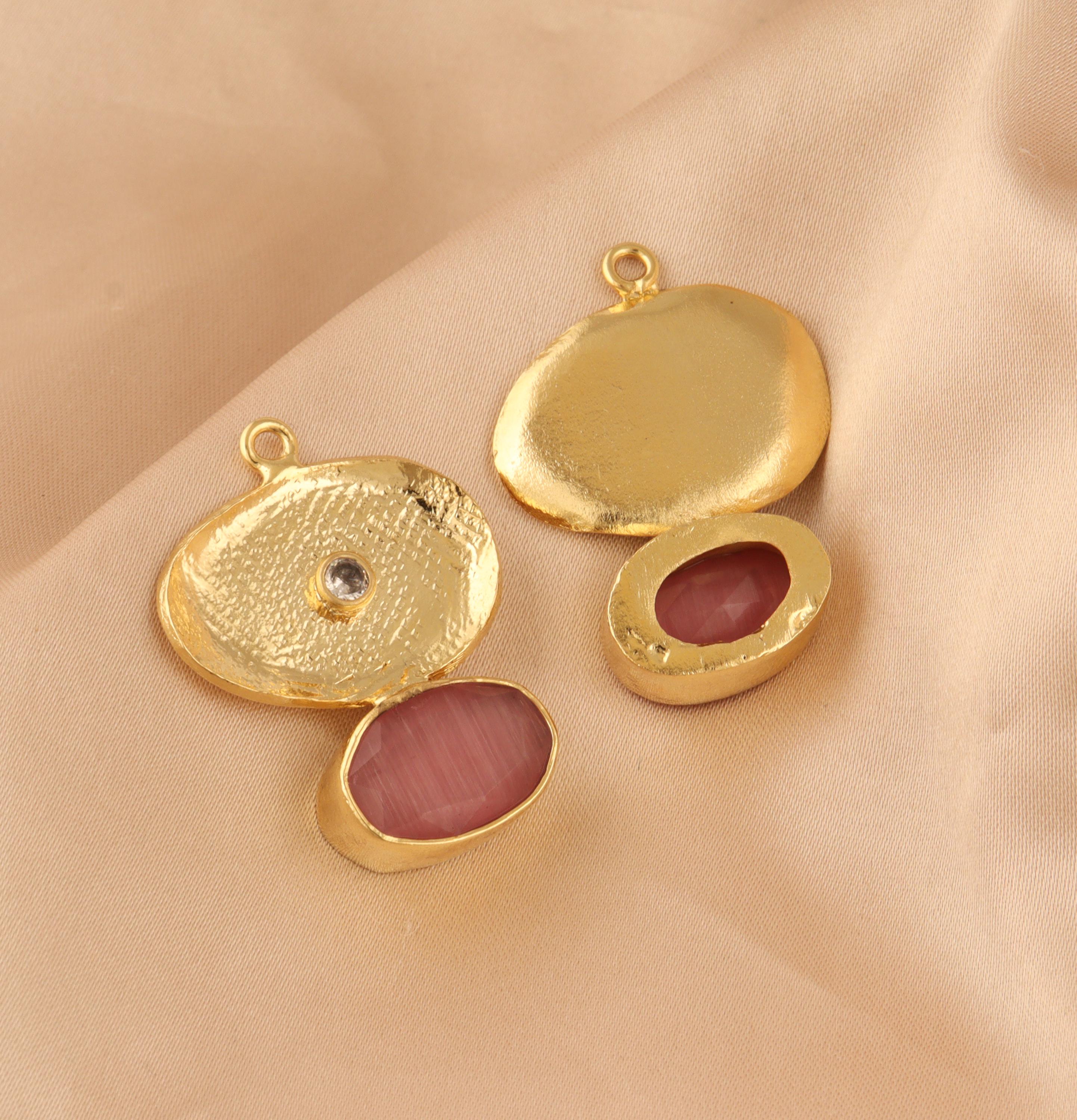Pink Monalisa 18k Gold Plated Eye Earring Connector: Hammered Brass CZ Jewelry