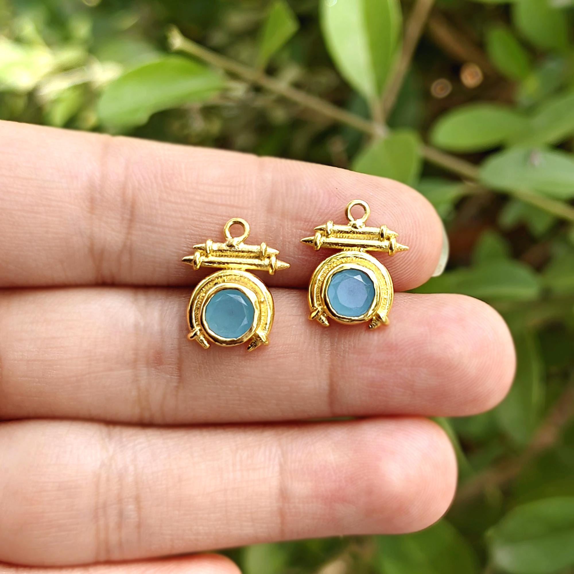 Aqua Chalcedony Gemstone Earring Connectors Gold Plated Charm Component