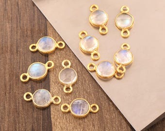 Natural Rainbow Moonstone Round Connector Gold Plated Gemstone Charm Jewelry Making Supplies