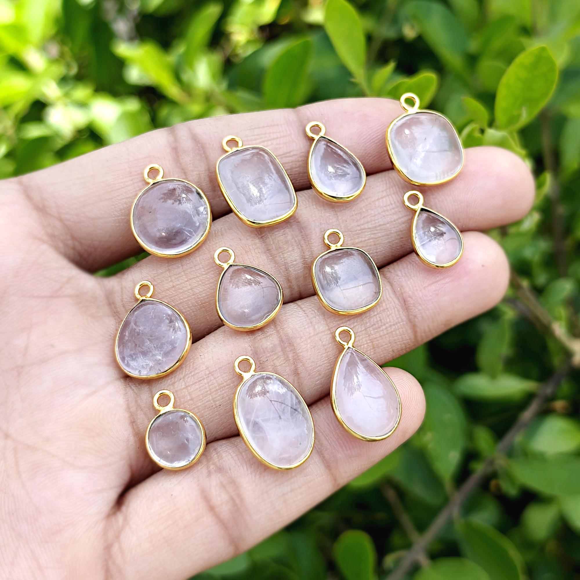 Rose Quartz Gemstone Bezel Set Connector Multi Shapes Charm Pendant Gold Plated Handmade Component