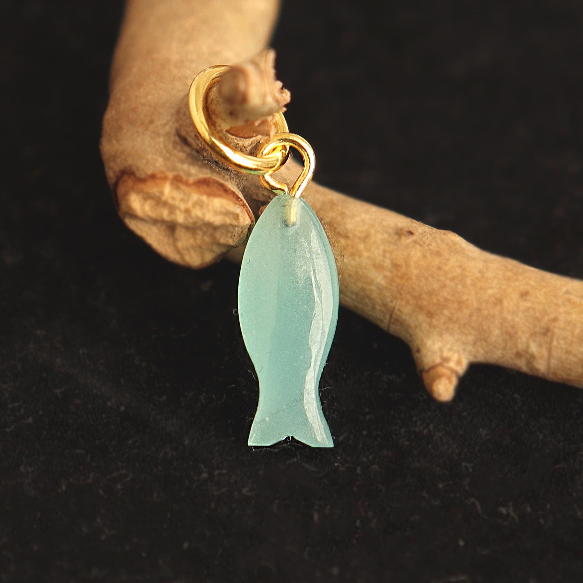 Natural Aqua Chalcedony Fish Carved Gold-Plated Brass Pendant Charm