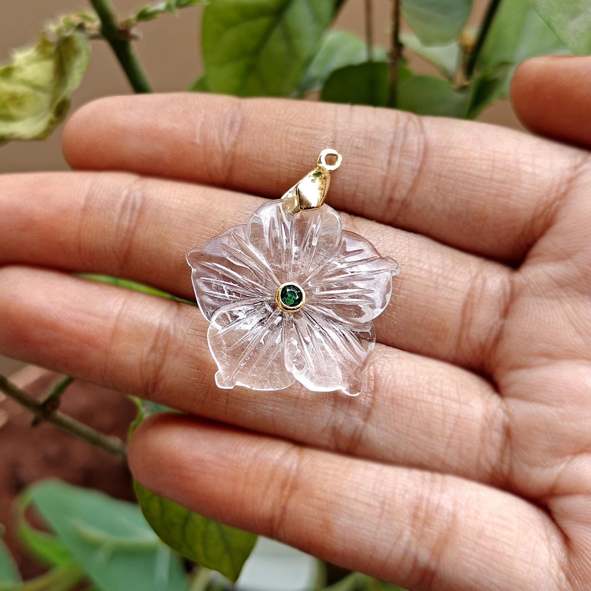 Crystal Quartz with Emerald CZ Flower Hand Carved Gemstone Pendant Charm DIY Necklace Component