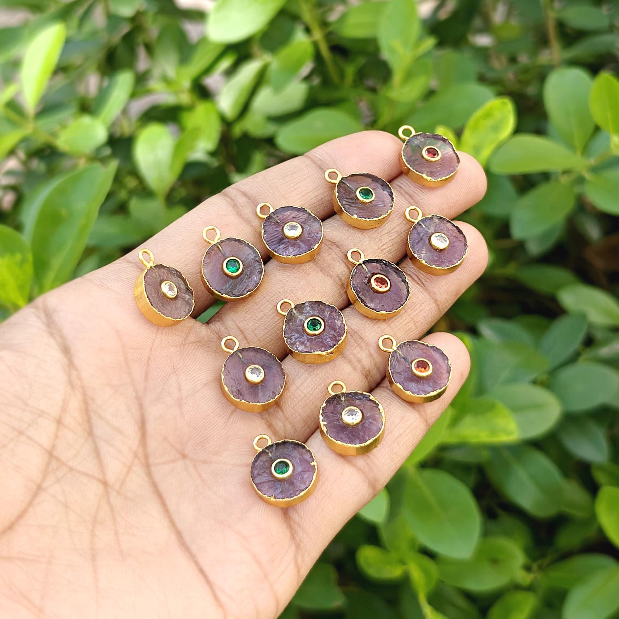Raw Amethyst Connector Charm Electroplated Gemstone Pendant Round Shape Single Bail Jewelry Component