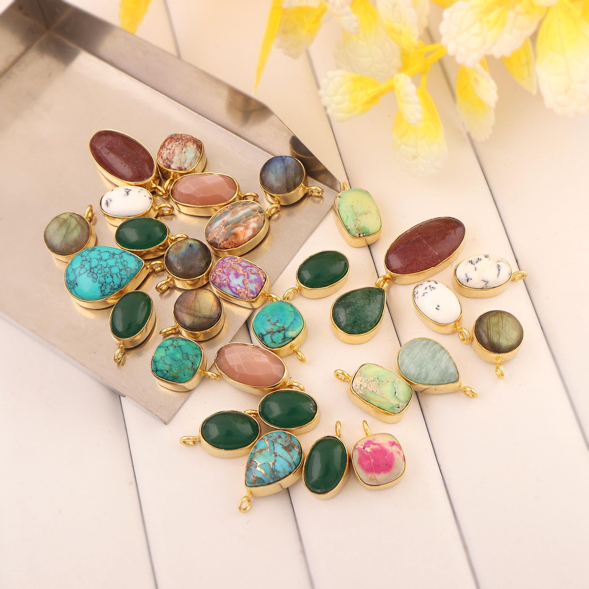 Natural Mixed Gemstone Connector Lot Gold Plated Assorted Natural Stone Charms Jewelry Making Supplies
