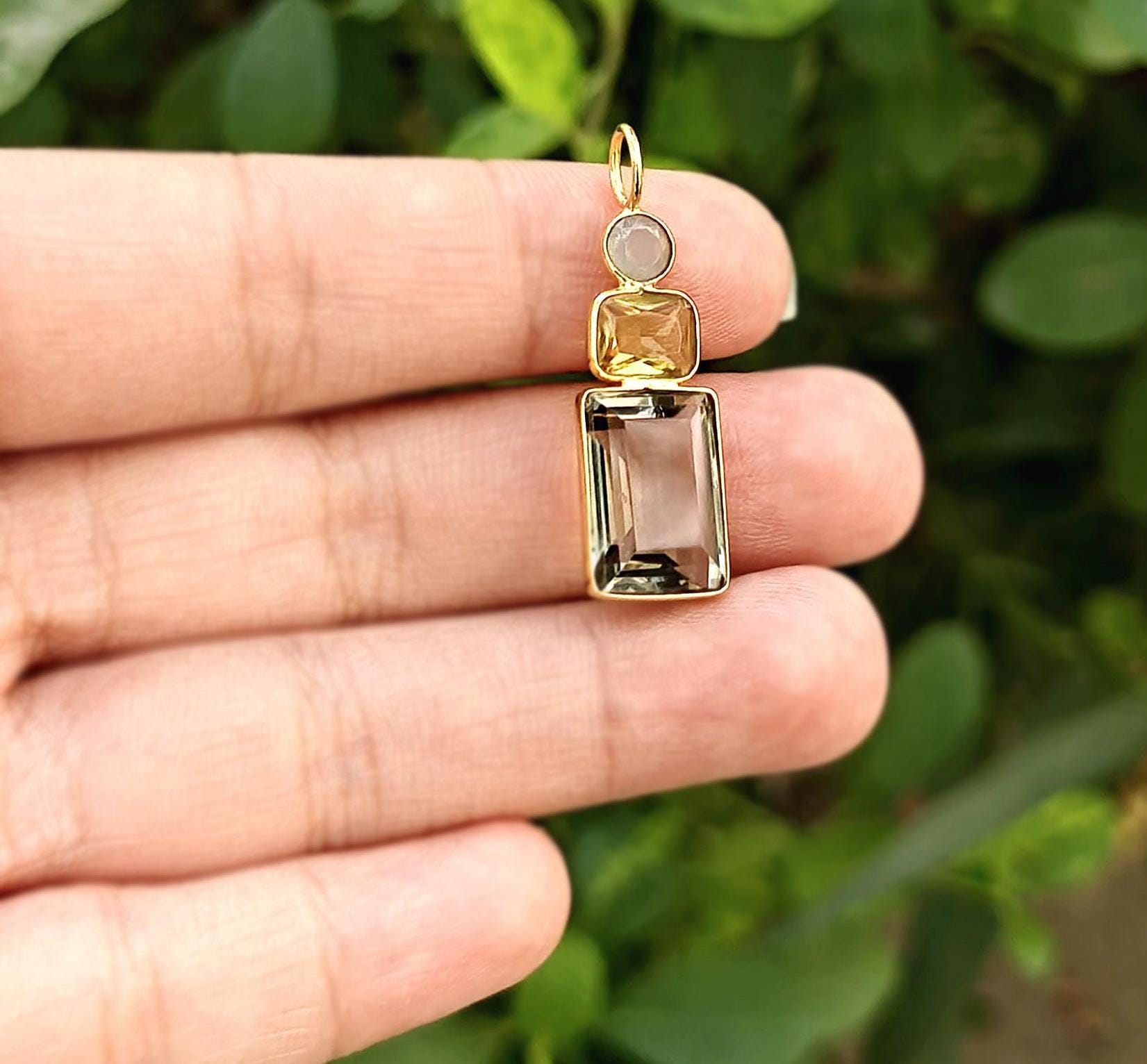 Smoky Quartz Pendant Gold Bezel Gemstone Charm Multi Stone Connector Findings