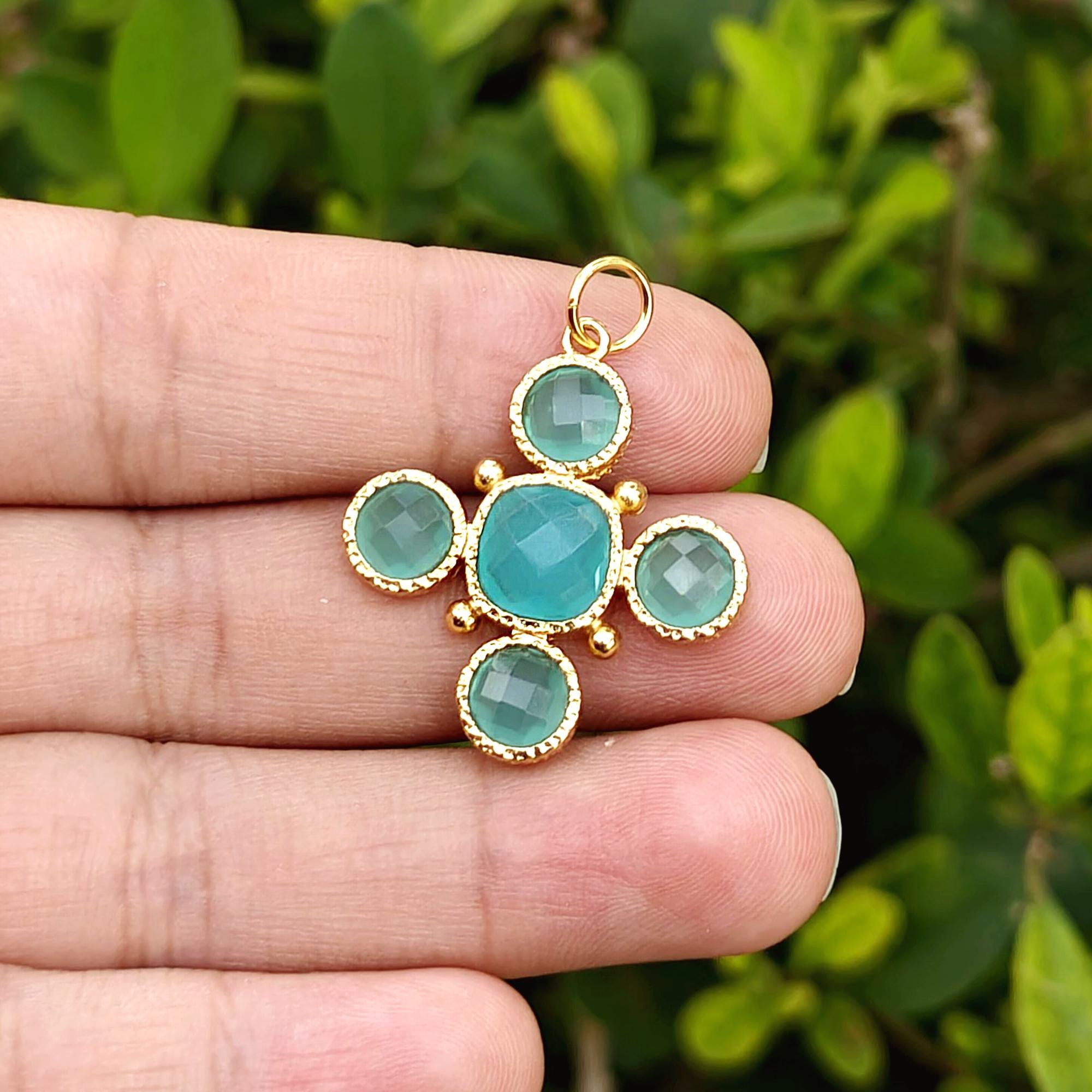 Aqua Chalcedony Cross Pendant Charm, Gold Plated Gemstone Necklace Connector