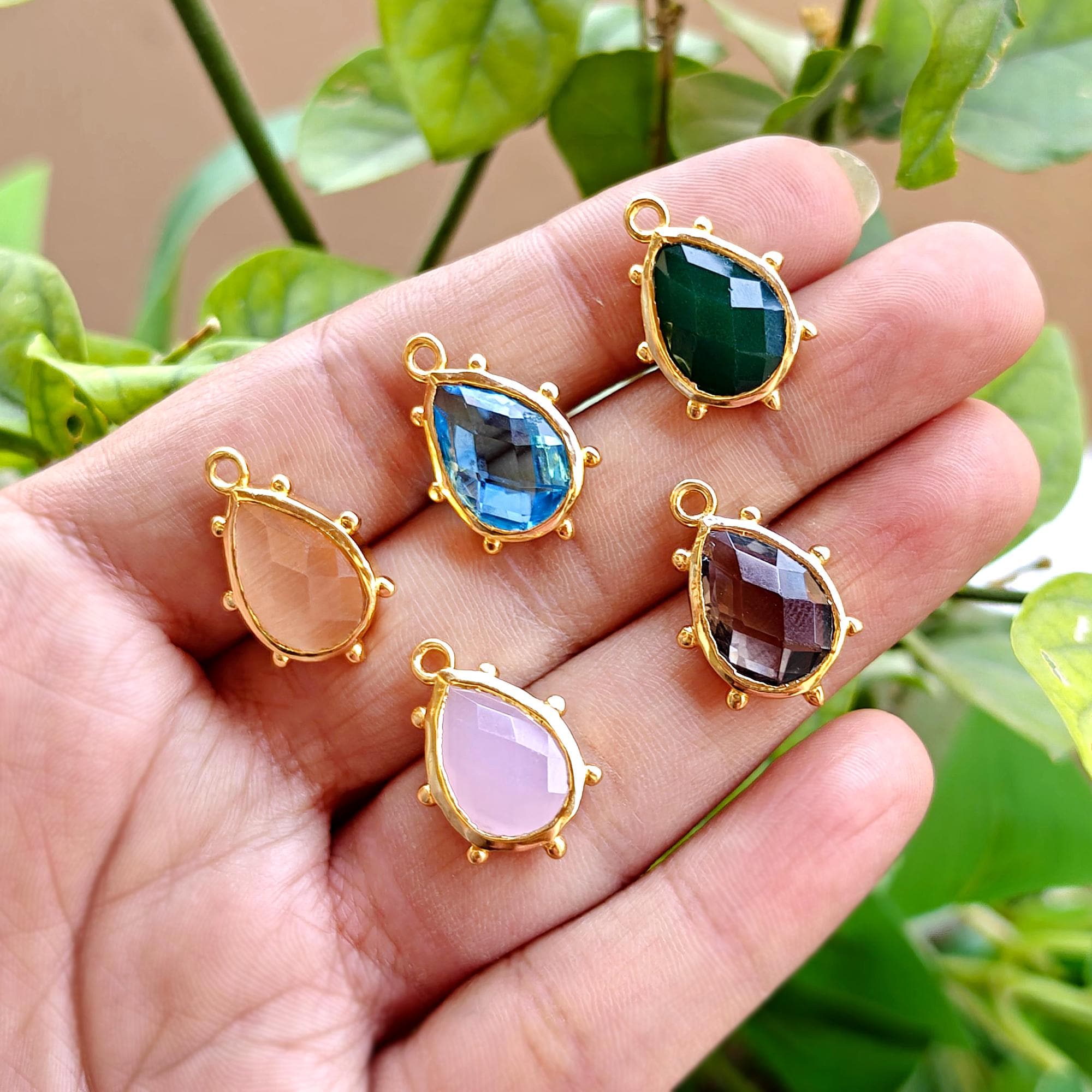 Smoky Quartz, Onyx Gold Plated Pear Gemstone Connector Peach Cat's Eye Pendant Charm Component