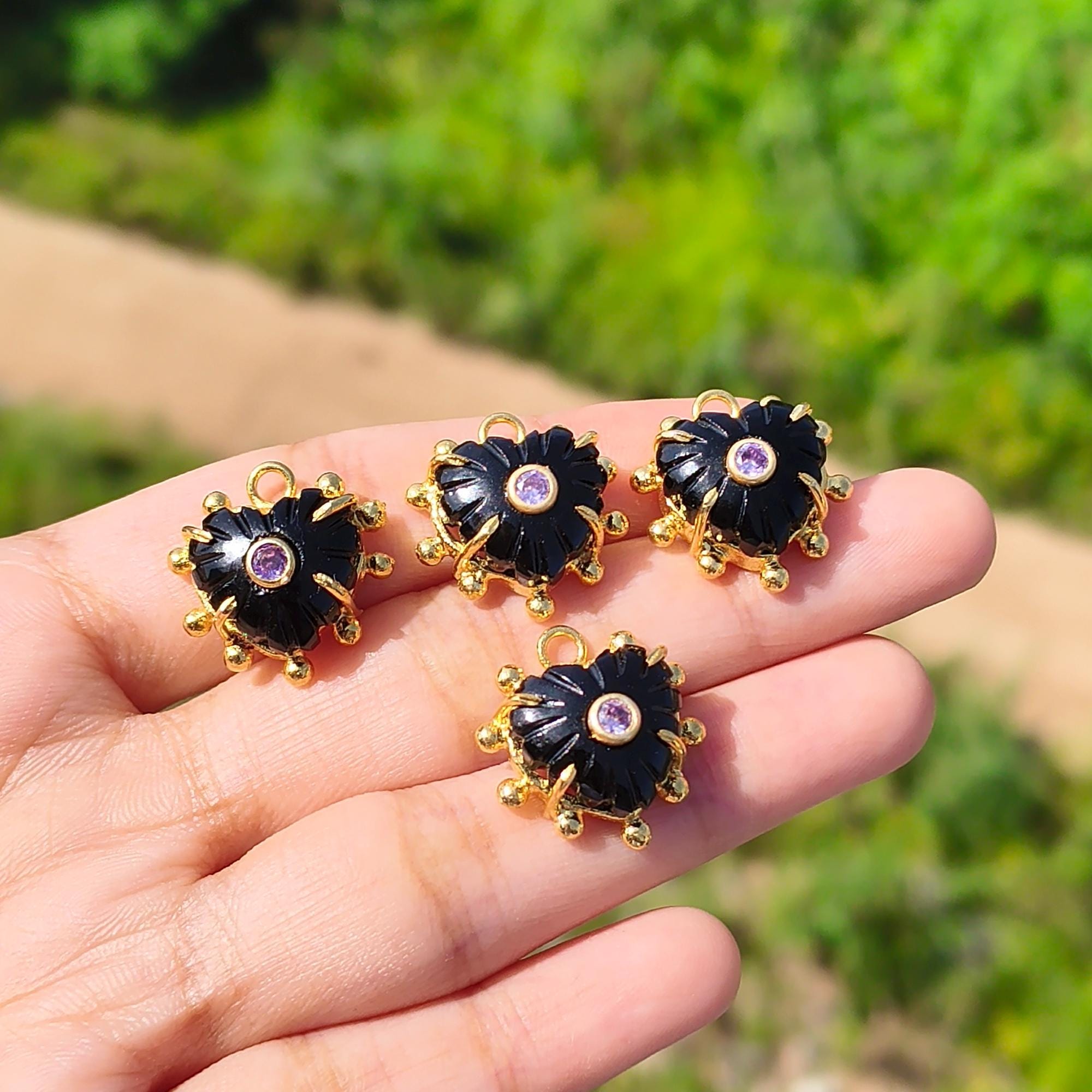 Black Onyx Heart Pendant Charm: Amethyst CZ Gold Plated Prong Necklace Connector 1 Piece