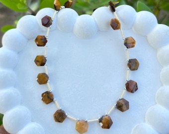 AAA+ Natural Tiger's Eye 8mm Hexagon Gemstone Beads  14.5" Strand