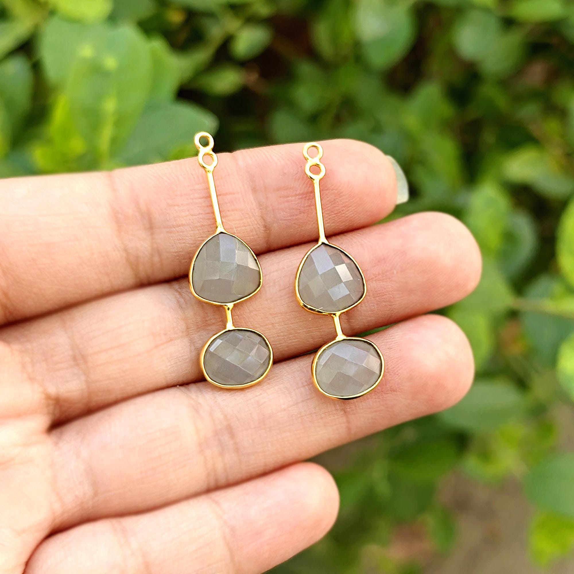 Chalcedony Earring Pair Connector Gold Plated Gemstone Charm Handmade Component