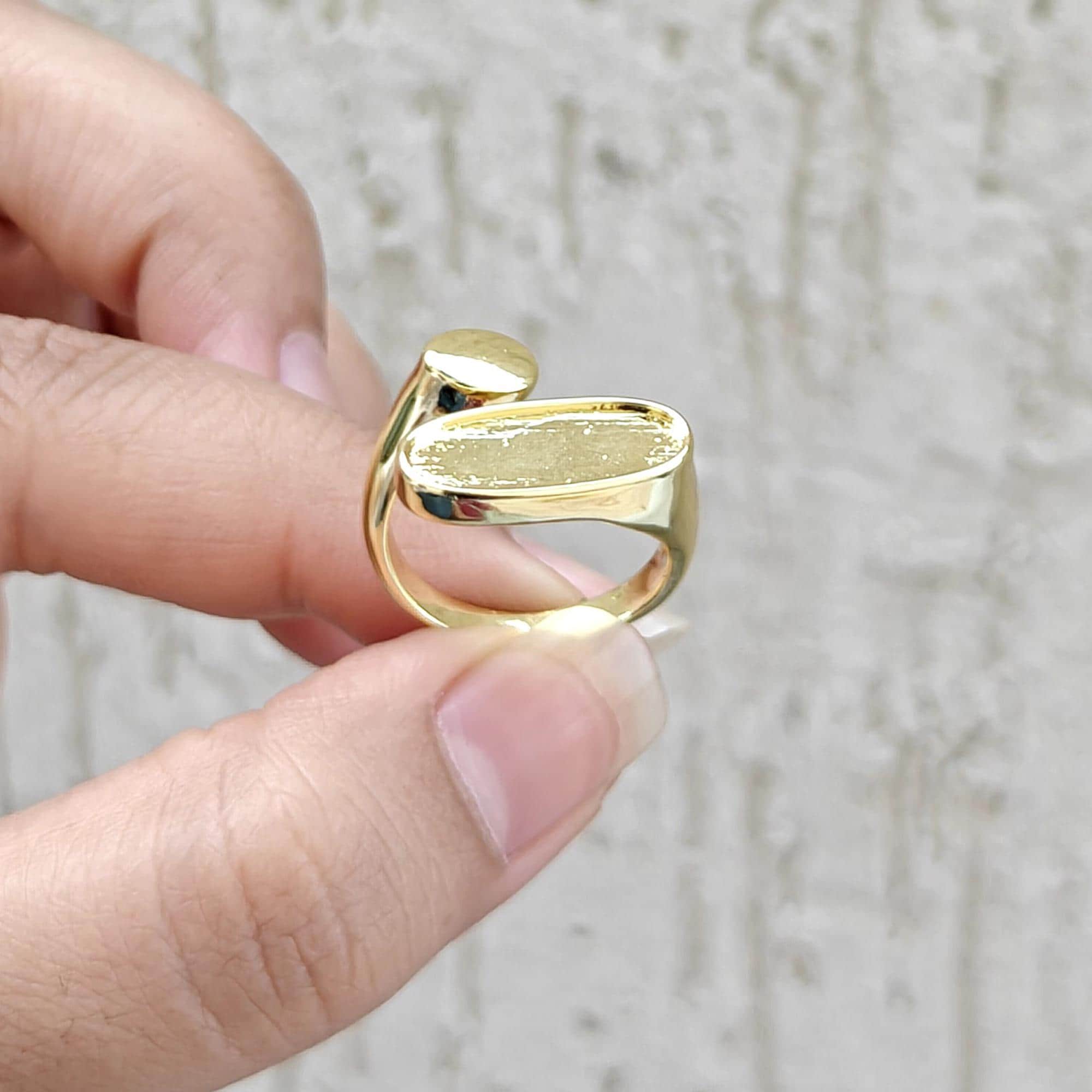 Gold Plated Oval Bezel Ring Blank, Adjustable Brass Jewelry Finding (7x19mm)