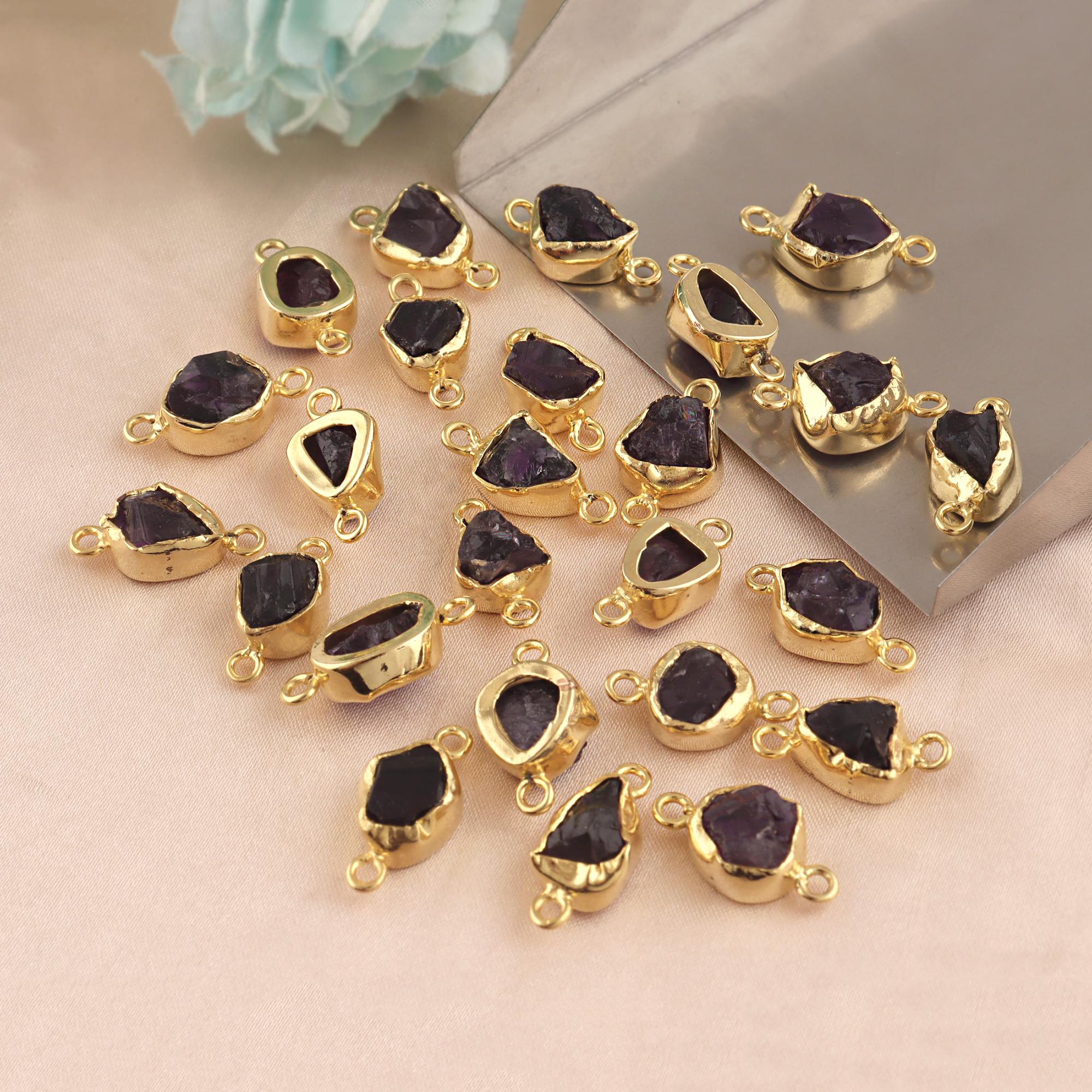 Amethyst Raw Gemstone Double Bail Bracelet Connector Bezel Set Charm Gold Plated Component
