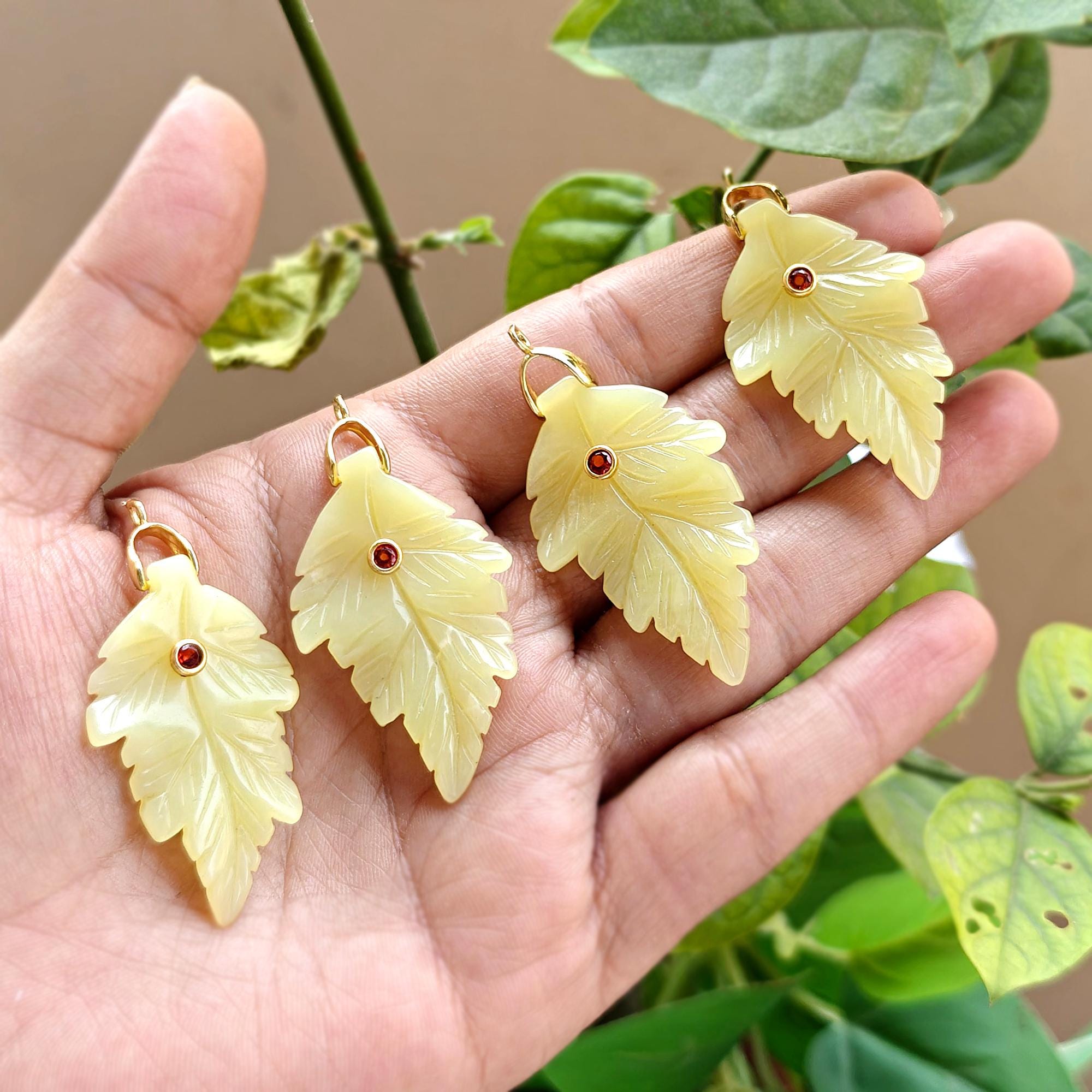 Lemon Serpentine with Red CZ Leaf Pendant Hand Carved Gemstone Charm DIY Necklace Component
