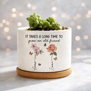 Puede incluir: Maceta de cerámica blanca con una planta suculenta. La maceta tiene una base de madera y presenta el texto "IT TAKES A LONG TIME TO grow an old friend" con ilustraciones florales y de mariposas. Los nombres "Anna" y "Emma" también están escritos.