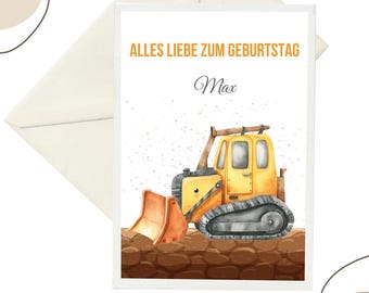 Verjaardagskaart bouwplaats A6 | Diverse ontwerpen voor bouwvoertuigen | Gepersonaliseerd met naam | Graafmachine, vrachtwagen, kraan, kinderverjaardagskaart voor jongens