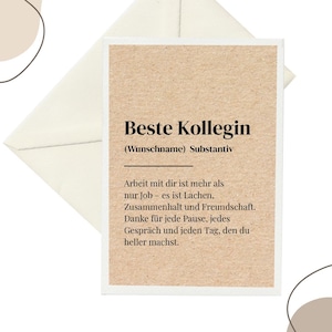 May include: A greeting card with the text "Beste Kollegin" in black, meaning "Best Colleague", on a beige background. The card is inside a white envelope. The card also includes a message in German.