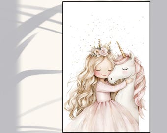 Unicorn Poster for Kids' Room | Girl's Illustration | Princess & Unicorn | A4 Wall Art | Gift for a Child's Room