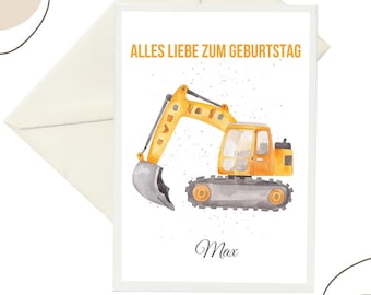 Verjaardagskaart bouwplaats A6 | Diverse ontwerpen voor bouwvoertuigen | Gepersonaliseerd met naam | Graafmachine, vrachtwagen, kraan, kinderverjaardagskaart voor jongens
