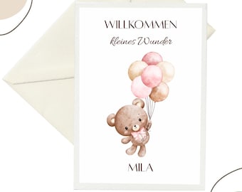 Gepersonaliseerde geboortekaart Welkom klein wonder Babykaart voor de geboorte van een meisje of jongen, felicitatiekaart voor een baby, kaart met naam