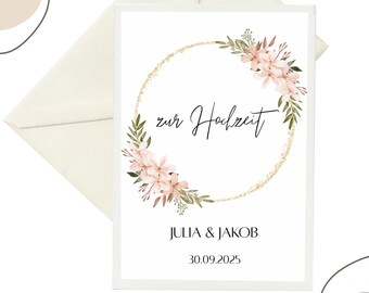 Tarjeta de boda personalizada, tarjeta de felicitación de boda con corona de flores, personalizada con nombre y fecha, tarjeta de felicitación romántica