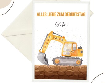 Verjaardagskaart bouwplaats A6 | Diverse ontwerpen voor bouwvoertuigen | Gepersonaliseerd met naam | Graafmachine, vrachtwagen, kraan, kinderverjaardagskaart voor jongens