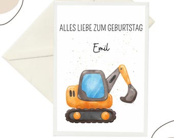 Graafmachine verjaardagskaart voor kinderen | Gepersonaliseerde kaart met naam | Wenskaart voor een kinderverjaardag, bouwplaats A6