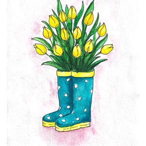 May include: Watercolor illustration of yellow tulips in teal polka-dot rain boots. The boots have yellow trim and are set against a pink watercolor background. The image evokes a spring or garden theme.