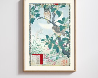 Kono Barei | Japanese Print | Meiji Period Owls & Crescent Moon Art | Restored | 300DPI (Digital Download)