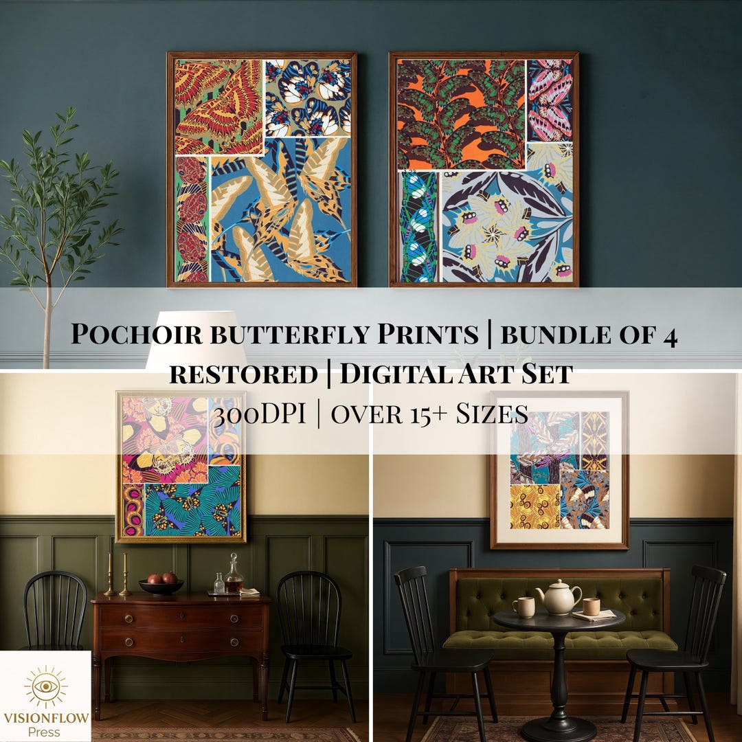 4 Vintage French Butterfly Prints Set: Restored Pochoir Style (digital ...
