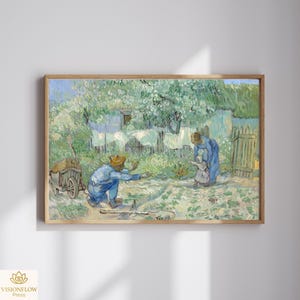 May include: A framed print of a painting depicting a garden scene with figures. A man in blue kneels, reaching out. A woman and child stand nearby. The artwork features a palette of greens, blues, and yellows, with a wooden frame.
