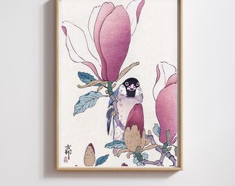 Japanese Bird & Magnolia | RIJKS Museum | Purple Floral Wall Art | Restored | 300DPI (Digital Download)