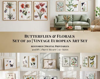 Set of 20 | Florals & Butterflies Prints | Vintage European Art Set | 300 DPI  | (Digital Download)