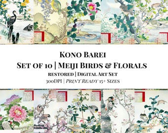 Set of 10 Kono Barei Japanese Prints | Meiji Birds & Blossoms | Restored | 300DPI (Digital Download)