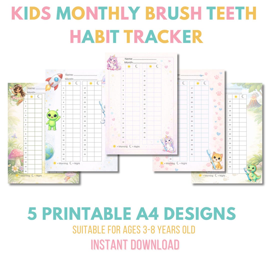 Kids Tooth Brushing Chart | 5 Theme Habit Tracker (PDF Pattern A4) - Etsy