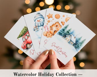 Watercolor Christmas Cards Set • 6 Printable Mini Cards (PNG + PDF) - Etsy