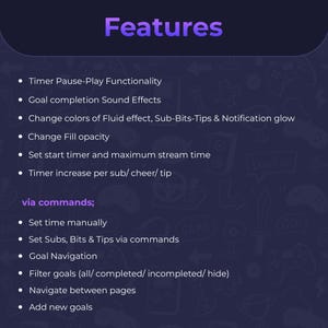 May include: A dark blue graphic with the word "Features" in purple at the top. Bullet points list features including timer functionality, sound effects, color changes, and goal navigation. The background has gaming-related graphics.