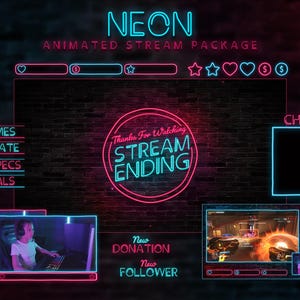 Peut inclure: Ensemble de flux animé de style néon sur fond de briques sombres. Le design comprend des éléments néon bleus et roses, tels qu'une superposition de flux avec des statistiques de jeu, une boîte de discussion et des cadres de flux vidéo. Le texte comprend "NEON", "STREAM ENDING" et "DONATION".