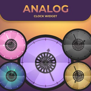May include: An image featuring five analog clock widgets in various colors: pink, blue, purple, black, and gold. Each clock has a unique face design and hands. The text "ANALOG CLOCK WIDGET" is displayed at the top.