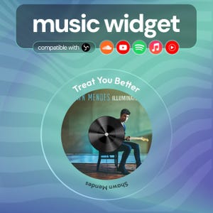 May include: A digital music widget graphic with the text "music widget" in white. The graphic includes app icons and a circular image of Shawn Mendes with the text "Treat You Better". The background has a blue and purple gradient.