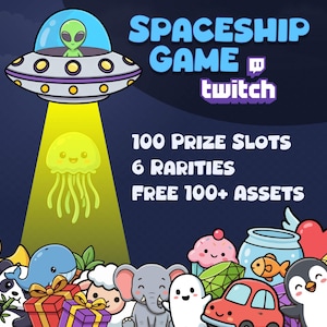 Peut inclure: Illustration de dessin animé avec une soucoupe volante, un extraterrestre et une méduse souriante. Le texte indique "Spaceship Game Twitch", "100 Prize Slots", "6 Rarities" et "Free 100+ Assets".