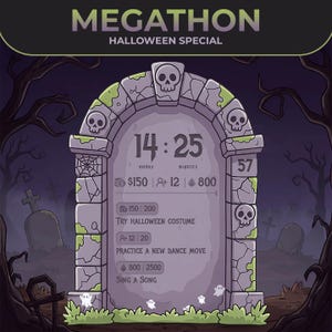 Könnte beinhalten: Ein digitales Grabstein-Design mit dem Text "MEGATHON HALLOWEEN SPECIAL". Der Grabstein zeigt die Uhrzeit 14:25 an, zusammen mit Symbolen und Text für Halloween-Aktivitäten wie "Try Halloween Costume" und "Sing a Song".