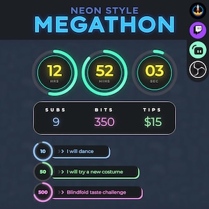 Peut inclure: Graphique de style néon avec le mot "MEGATHON" en bleu. Il affiche une minuterie avec 12 heures, 52 minutes et 3 secondes. Il affiche également "SUBS" à 9, "BITS" à 350 et "TIPS" à 15 $, ainsi que des objectifs de défi.