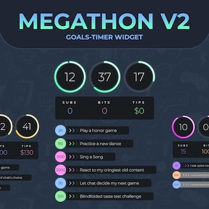 May include: A dark blue graphic displaying "MEGATHON V2 GOALS-TIMER WIDGET". It features counters for subs, bits, and tips, alongside goals such as "Play a horror game" and "Sing a Song".