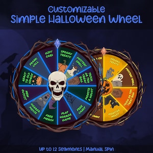 Könnte beinhalten: Ein anpassbares Halloween-Rad mit einem Totenkopf in der Mitte und verschiedenen Halloween-Themensegmenten. Das Rad zeigt Sätze wie "Spooky Treats", "Horror Movie" und "Free Candy". Der Text "Up to 12 segments | Manual Spin" ist ebenfalls sichtbar.