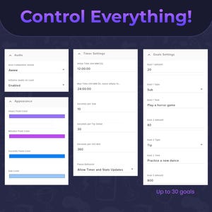 May include: A digital interface with the text "Control Everything!" displays settings for audio, appearance, and timer functions. The interface includes options for goal settings, with a maximum of 30 goals.