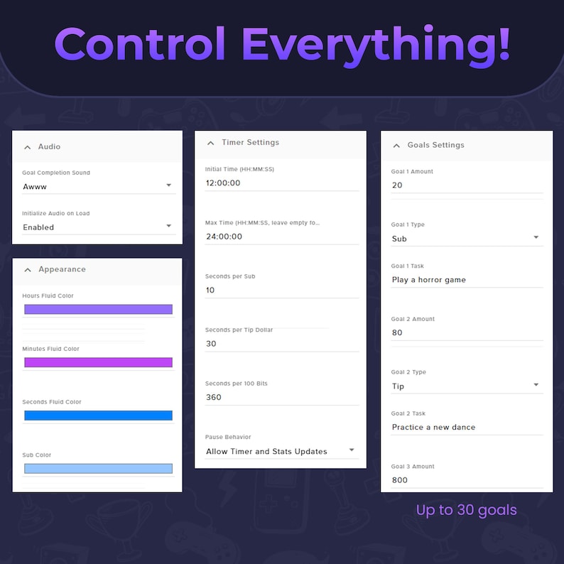 May include: A digital interface with the text "Control Everything!" displays settings for audio, appearance, and timer functions. The interface includes options for goal settings, with a maximum of 30 goals.