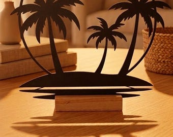 LineArt Decoration Palm Tree Beach | 3D Wooden Base | Modern Tropical Boho Design | Gift Idea Living Room Decor | Minimalist Art