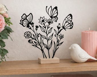 LineArt flower stand with butterfly 3D decoration | Minimalist PLA art on a wooden base | Modern home accessory | Gift idea