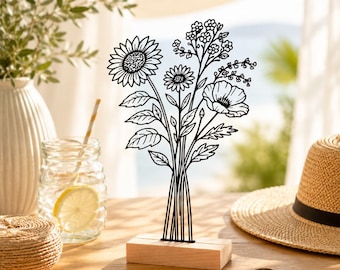LineArt Summer Bouquet | Minimalist Art on a Wooden Base | Modern | Floral Decoration | Plants | Gift | Living Room Decor